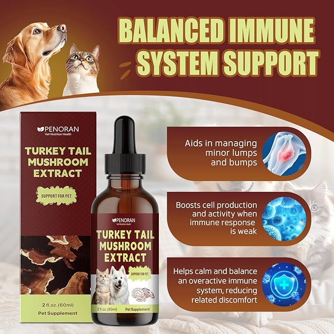 Turkey Tail Mushroom Drops for Dogs & Cats, Relieves Lipoma/Lumps/Bumps & Warts Support, Boost Immunity, Ganoderma Lucidum & Chaga Mushroom: Young Weak & Senior Pets & Low-Vitality & Post-Surgery Pets