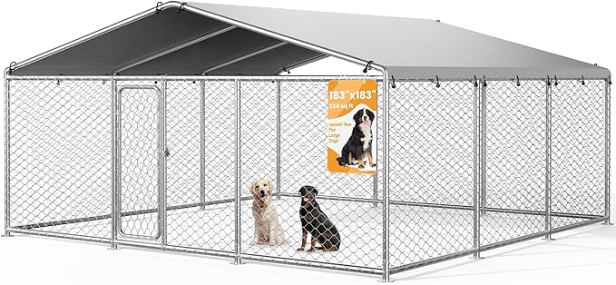barlb15.3x15.3 FT Heavy Duty Outdoor Dog Kennel Outside with Waterproof Cover, UV-Resistant Roof, Secure Locking Mechanism for Large Dogs, Metal Enclosure for All Weather Conditions (183x183x83IN)
