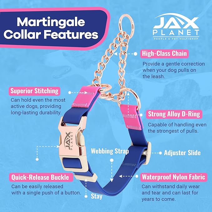 Jelly Waterproof Martingale Dog Collar, No Pull Nylon Collar with Alloy Metal Buckle & D-Ring for Outdoor Training and Walking, Anti Pull, Escape Free, One Time Adjustment - Blue & Rose, XL