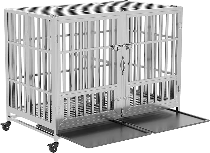 37" 42" 48" Heavy Duty Dog cage Stainless Steel Metal Kennel and Crate, Collapsible for Medium to Large Dogs, Easy to Assemble pet Pen with Four Lockable Wheels, Black Tray (sm-48in)
