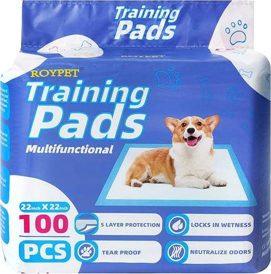 Roypet 22" x 22" Puppy Training Pads in Bag, 5-Layer Leak-Proof Design and Quick-Dry, Surface for Potty Training, Ultra Absorbent and Odor Eliminating, 100 Count, Blue & White