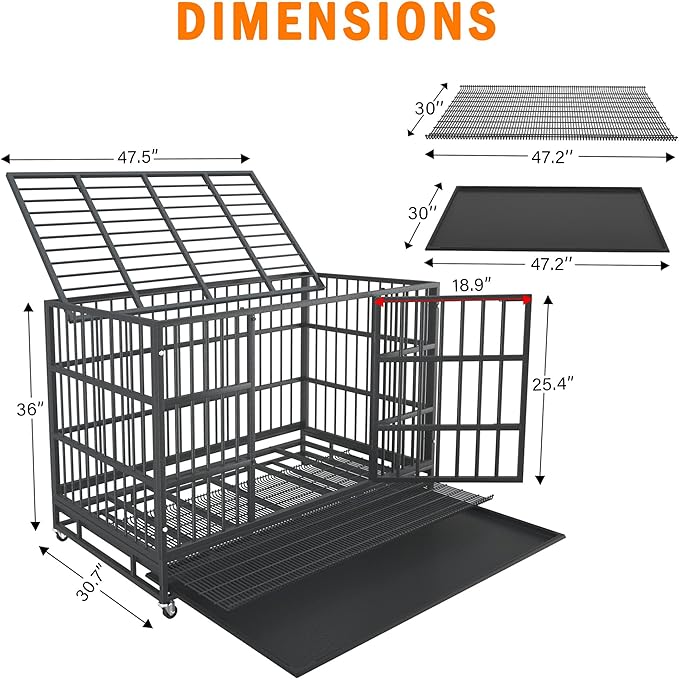 48 Inch Heavy Duty Dog Crate Cage with Wheels, Indestructible and Escape Proof Steel Kennel Indoor for High Anxiety Dogs with Sturdy Locks, Double Door and Tray, Extra Large XL XXL