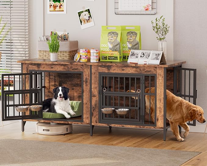 Grepatio 63" Double Dog Crate Furniture for 2 Dogs, Large Dog Kennel with 360° Rotating Feeder Bowls, Indoor Double Dogs Crates with 4 Doors, Wooden Crate TV Stand with Removable Divider
