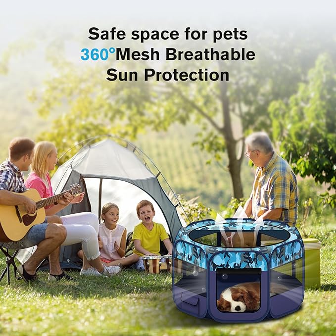 Dog Playpen, Pet Playpen, Portable Cat Playpen, Foldable Puppy Playpen Exercise Kennel Tent with Carry Case Collapsible Bowl,Water-Resistant Shade Cover for Indoor Outdoor Travel （Bule,Medium