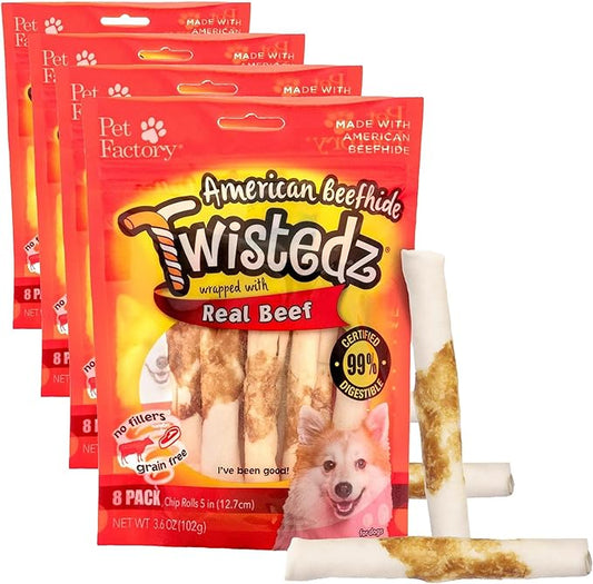 Pet Factory Twistedz American Beefhide 5" Chip Rolls Dog Chew Treats w/Real Beef Meat Wrap - 8 Count/4 Pack