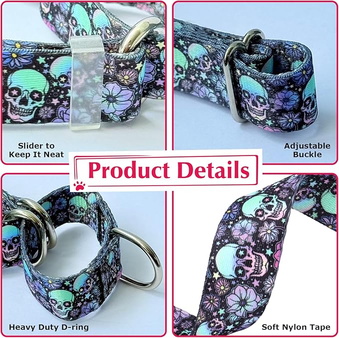 Skull Martingale Dog Collar for Large Breed Pet Dogs No-Slip Escape Proof Choke No Pull Cinch Soft Dog Collar for Male and Female Dogs No Buckle -for Training & Walking L