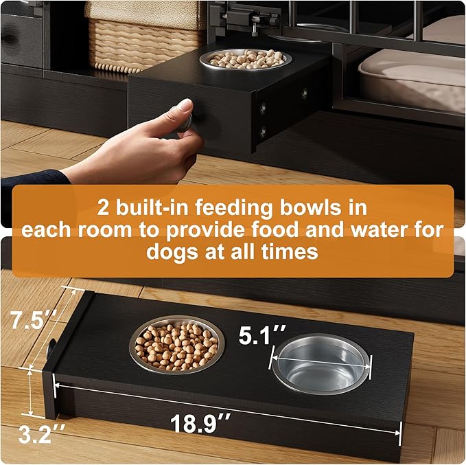 GarveeHome Dog Crate Furniture for 2 Dogs, Dog Kennel Indoor with Storage and Feeding Bowls, Double Dog Crate TV Stand for Small Medium Dogs, Black