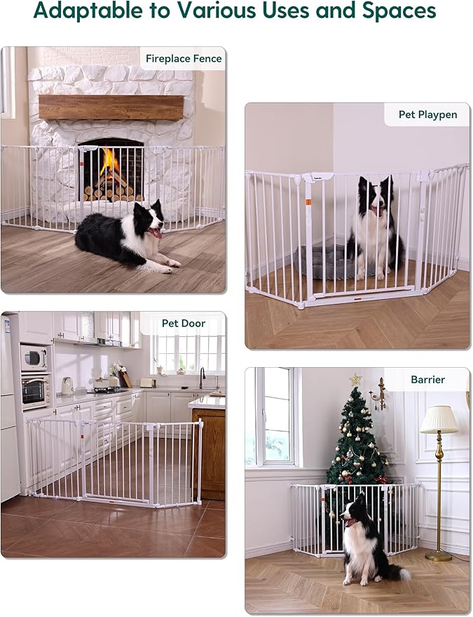 Babelio 104" Extra Wide Baby Gate, 30" Tall Auto Close Dog Fence for Stairs Doorways Fireplace, Hardware Mounted Pet Gate Indoor, Foldable 5 Metal Panels, White