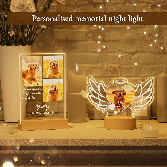 Bemaystar Dog Memorial Gifts for Loss of Dog Pet Memorial Gifts for Dogs Cat Memorial Gifts Custom Pet Memorial Night Light Pet Loss Gifts, Memorial Plaques for Dog Memorial Picture Frame - 3 Photos