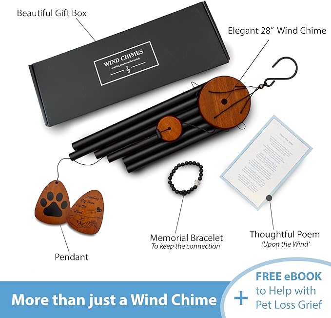 Dog Memorial Wind Chime 28" with Comforting Pet Loss eBook- Pet Memorial Gifts-Loss of Dog Sympathy Gift-Dogs Wind Chimes, Remembrance Gift