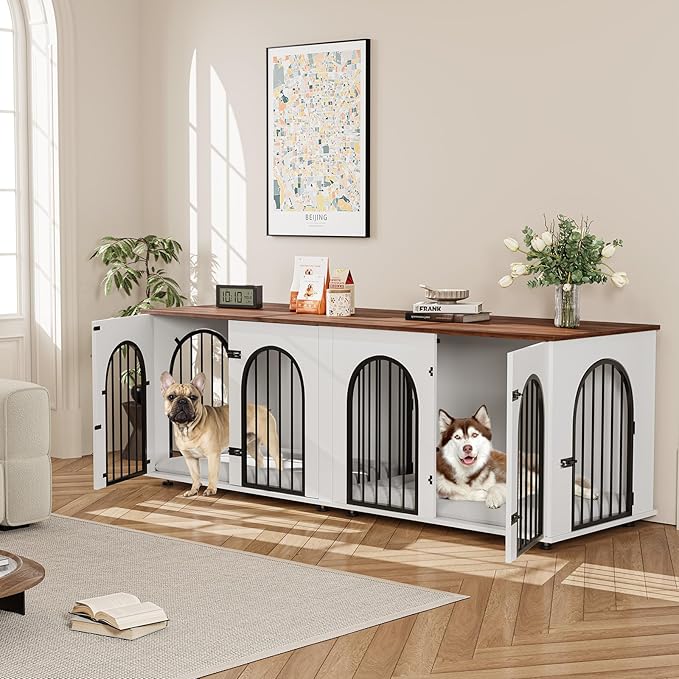 71" Large Dog Crate Furniture for 2 Dogs, Wooden Double Dog Crate, Indoor Dog Kennel TV Stand with Divider and Cushion for Large Medium Dogs, White/Brown