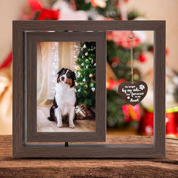 Pet Memorial Gifts for Loss of Dogs, Rotating Wooden Picture Frame for 4x6 Photo, Dog Memorial Sympathy Gifts for Dogs Cats, DIY Pet Loss Frame for Owners, Dog Funeral Remembrance Gift, Brown