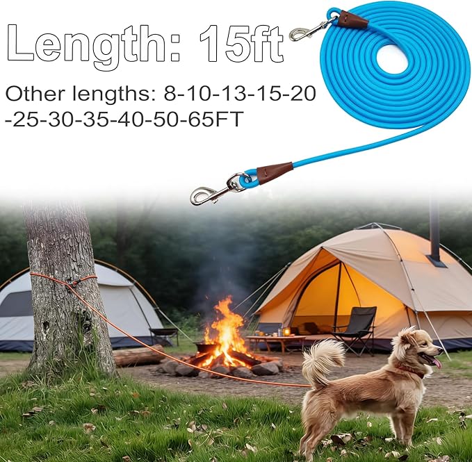 15FT Tie Out Rope Dog Lead, 3/8" Thick Long Dog Tether Nylon Check Cord for Medium Large Dogs Outdoor Camping Backyard of Leash Training Tie Down (Blue)