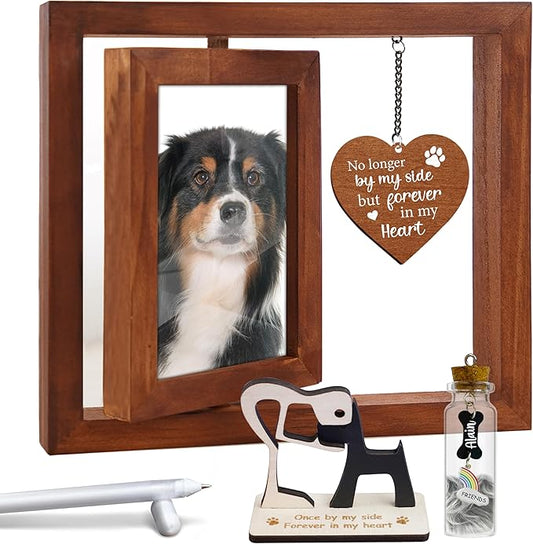 Pet Memorial 4x6 Picture Frame Wooden Rotating Walnut, Cat Remembrance Gifts, Pet Dogs Hair Keepsake Fur Jar Rainbow Bridge No Longer By My Side Heart Tag, In Loving Sympathy Animal Loss Gift PR-3W