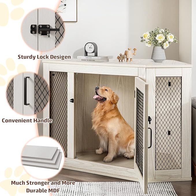 PUKAMI 52 inch Corner Dog Crate Furniture,Wooden Dog Kennel Furniture with Mesh,Decorative Wood Dog House for Small/Medium/Large Dog,Perfect for Indoor Limited Room