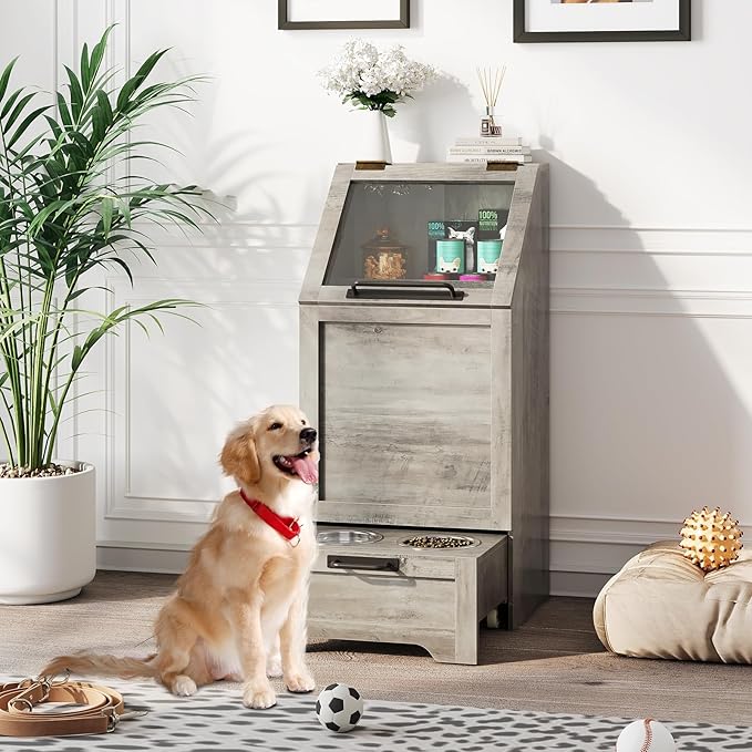 Dog Feeding Station with 2 Elevated Dog Bowls, Pet Feeding Station,Flip Top Pet Food Cabinet,Pet Food Container,Pet Toy Storage Organizer,Modern Storage Organizer,Grey