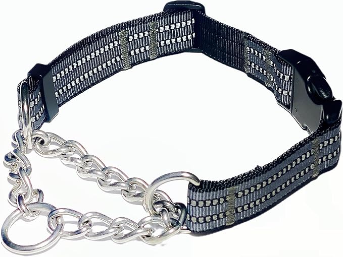 Martingale Collars for Dogs, Heavy Duty Stainless Steel Chain Training Collar, Reflective Nylon Adjustable Collar with Quick Release Buckle, Suitable for Puppy Medium Large Dogs (Gray, S)