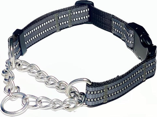 Martingale Collars for Dogs, Heavy Duty Stainless Steel Chain Training Collar, Reflective Nylon Adjustable Collar with Quick Release Buckle, Suitable for Puppy Medium Large Dogs (Gray, M)