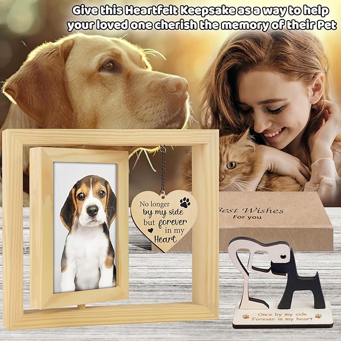 Pet Memorial Gift for Dogs, Natural 360 Rotating Wooden Picture Frame 4x6 Photo, Pet Hair Keepsake Fur Jar Rainbow Bridge , No Longer By My Side But Forever in My Heart, Animal Loss Gift PR-3N