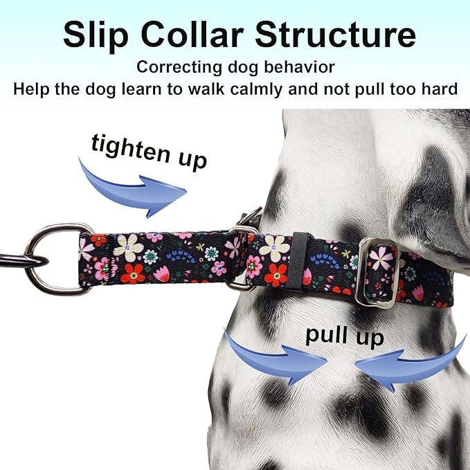 Martingale Dog Collar with Buckle Adjustable Nylon Limited Slip No Pull Training Floral Dog Collars (Black Pink Red, XSmall)