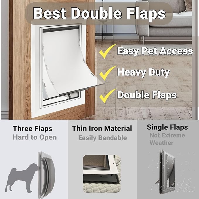 Aluminum Dog Door for Exterior, Cutout Size 14 1/2''W x 25 1/8''H, Heavy Duty Magnetic Double Flap for Extreme Weather, Energy-Efficient, Easy to Assemble, Lockable Panel Included, Sliver (X-Large)