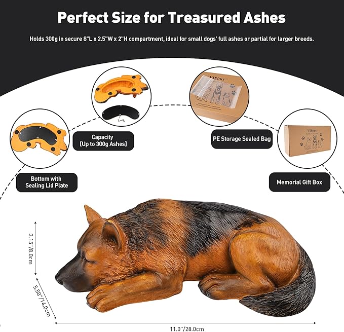 VIPbuy Dog Urn for Ashes - Pet Memorial Cremation Urn, Wooden Carving Style Resin Handcrafted German Shepherd Figurine, Pet Loss Sympathy Gift Home Decor