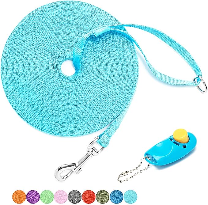 BAAPET 15/20/30/50/100 ft Long Dog Training Leash with Clickers for Small, Medium and Large Dogs or Cats (15 Feet, SkyBlue)