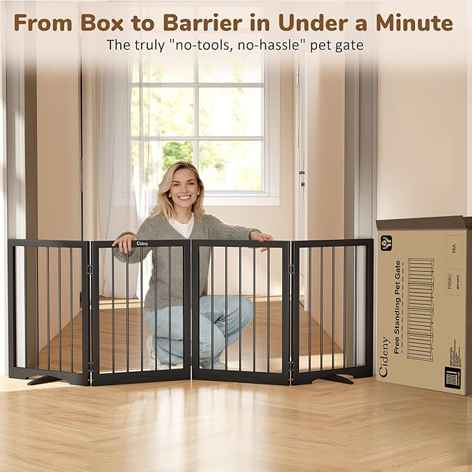 Free Standing Dog Gate Indoor, Foldable Dog Gate for Doorways Stairs Hallways,4-Panel Freestanding Pet Gate with Support Feet for Stability, Folding Puppy Gate Easy to Move, Doggy Gate 72"x24"