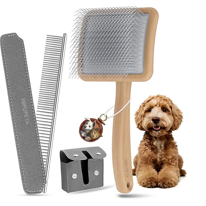 Large Slicker Brush for Dogs,Doodle Brush for Poodles, Goldendoodles, Labradoodle, Extra Long Pins for Detangling Matted Fur & Removing Tangle, Dog Grooming Kit with Wooden Handle. Natural