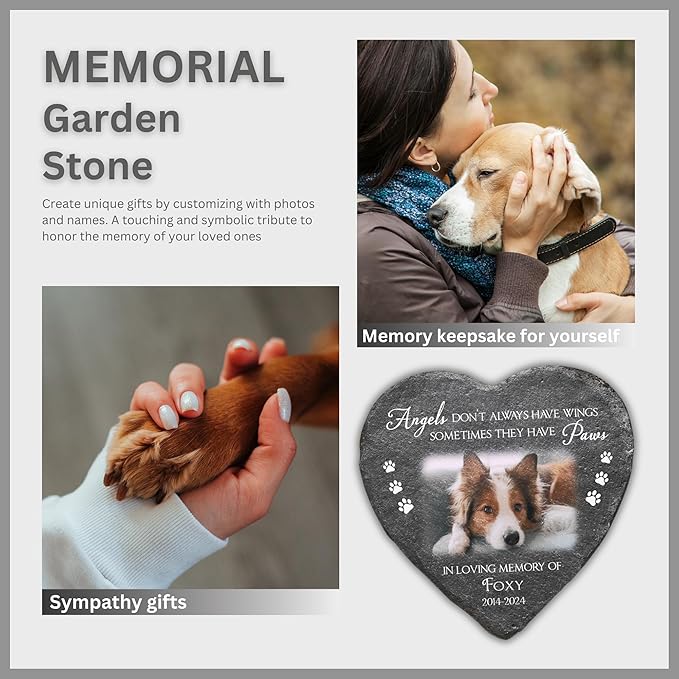 Wrappiness Pet Memorial Stone - Angels Sometimes Have Paws, Personalized Dog Memorial Gifts, Remembrance Condolences Bereavement Gifts for Loss of Pet Custom Photo (Heart 03, Stone)