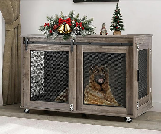 LINLUX 47 Inch XL Dog Crate Furniture, Wooden Heavy Duty Dog Kennel Indoor, Decorative Dog Cage Table for Extra Large Dogs, with Sliding Doors, Wheels and Flip-top Plate