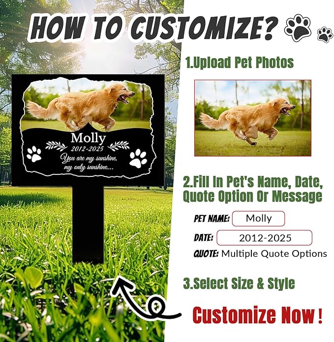 Custom Pet Grave Markers Dog Outdoor, Personalized Pet Grave Marker with Name and Date, Weatherproof Dog Headstone for Graves Outdoor Garden Yard, Pet Tombstones Sympathy Gift for Pet Loss