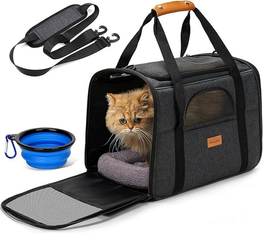 Morpilot Pet Carrier for Large Cats, Small Dogs & Puppies Up to 25lbs, Escape-Proof with Locking Zippers, Dual-Sided Cushion, Safety Buckle for Car & Vet Travel, Includes Foldable Bowl (Dark Gray)