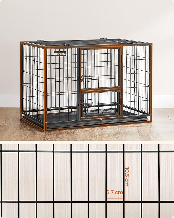 Feandrea Heavy-Duty Dog Crate, Dog Cage, 92.5 x 57.5 x 64 cm, for Small and Medium Dogs, Anti-Escape, Double Removable Door, Easy Cleaning, Pet Cage, L, Black PPD002B01
