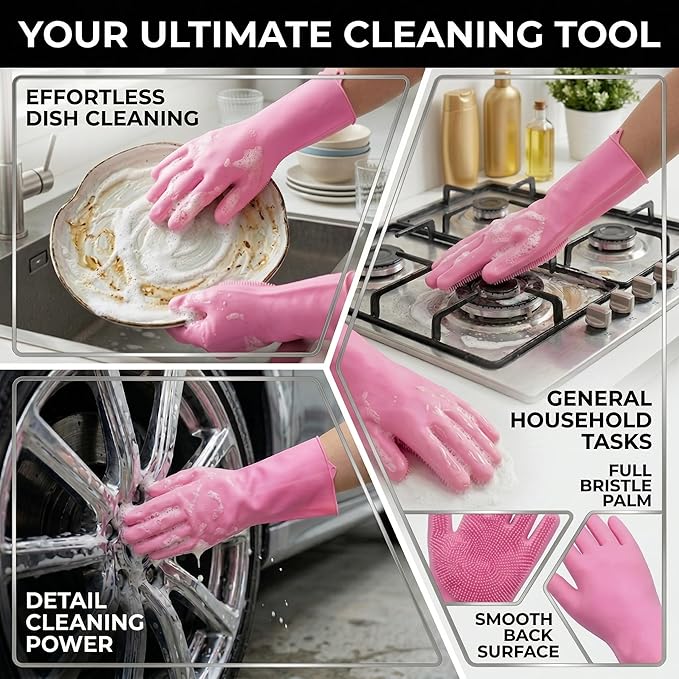 Dog Bath Gloves for Washing, Pet Grooming Gloves with Shampoo Brush, Dog Bath Brush for Dogs and Cats, Essential Dog Bath Supplies (1 Pair, Pink)