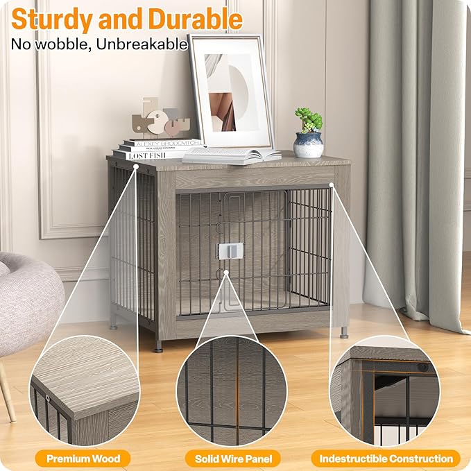 Furniture Style Dog Crate, 27" Wooden Dog Kennel End Table with Solid Top, Indoor Pet Crate House with Secure Slide Lock, Modern Dog Cage Furniture for Small & Medium Dogs, Greige