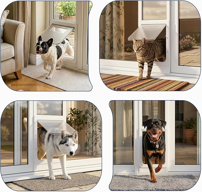 Large Dog Door for Sliding Glass Doors,No-Cut DIY Install Pet Door- Aluminum Frame& Panel & Lock, Adjustable Height 83”-91 1/5”, Suitable for Dogs Up to 105 lbs -White