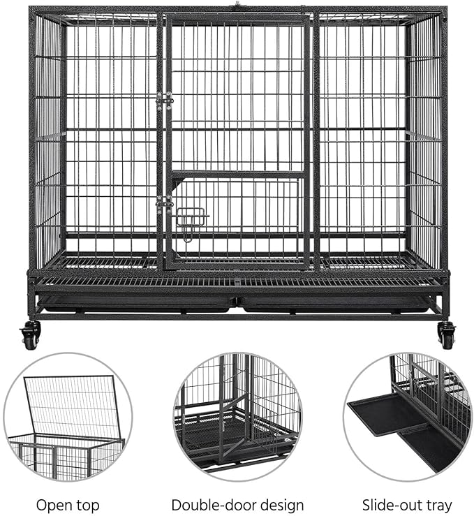 Yaheetech 43In Large Dog Crate, Heavy Duty Metal Dog Kennel Collapsible Open Top Pet Cage Kennel with Double Doors, Prevent Escape Locks, Lockable Wheels, Double Tray Indoor Outdoor, Extra Large XL