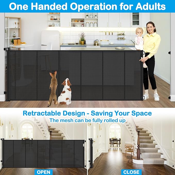 Reinforced Bottom 42" Extra Tall x 100" Extra Wide Retractable Baby/Pet Gate - Black Mesh - Wall Mount - Suitable for Babies, Dogs, Cats (6-24 months) - HH-A126