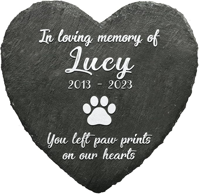 Heart Shaped Pet Memorial Stone for Dog or Cat - You Left Paw Prints on Our Hearts - Dog Heaven - Angel Wings Paw - Dog Loss Sympathy Gift