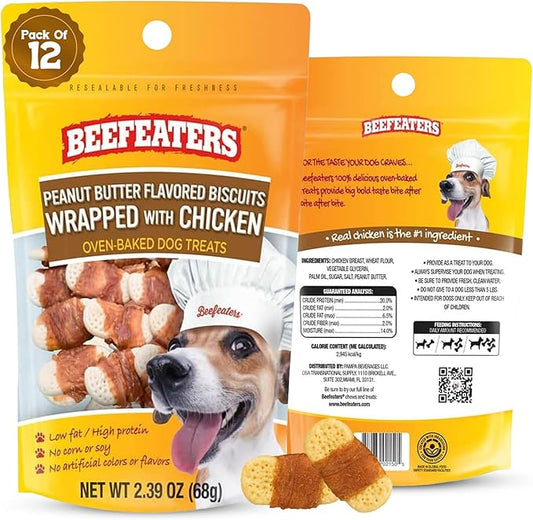 Beefeaters Peanut Butter Dog Biscuits with Real Chicken 2.39oz (12-Pack) - Oven-Baked, High-Protein, Low-Fat Treats for Small, Medium & Large Dogs – Ideal for Training, Dental Benefits