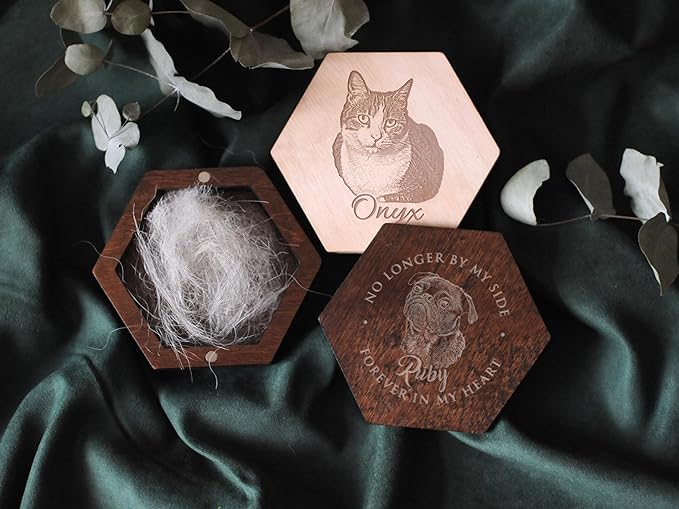Personalized Pet Hair Keepsake Box for Dog and Cat Fur - Engraved Wood Memorial Box - Unique Customized Gift for Loss of Furry Friend Wooden (Dark Diamand Wood Lid, With Photo)