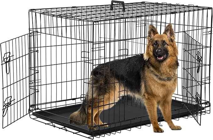 Foldable Dog Cage - 42 Inch Kennel, Double Door w/Leak-Proof Tray, Collapsible Metal Cage for Medium Dogs, Indoor Use