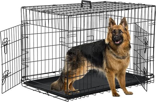 Foldable Dog Cage - 42 Inch Kennel, Double Door w/Leak-Proof Tray, Collapsible Metal Cage for Medium Dogs, Indoor Use