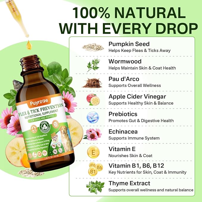 Dog Flea Treatment Drops, Natural Oral Flea and Tick Prevention for Dogs with Pumpkin Seed, Echinacea, Omega-3/6/9- Support Immunity, Healthy Skin & Coat, Digestion & Overall Wellness