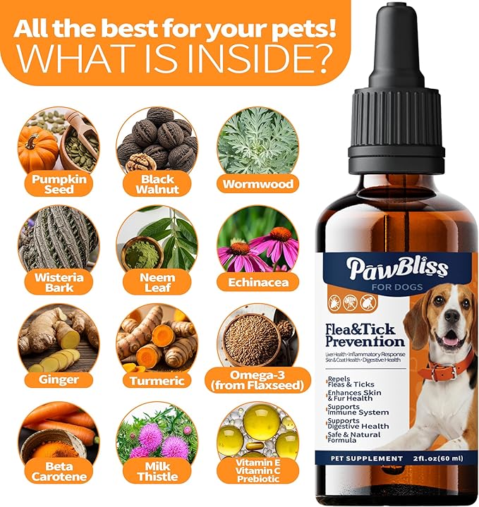 Flea and Tick Prevention for Dogs, Pets Oral Natural Supplement Drops with Multivitamin Care for All Breeds