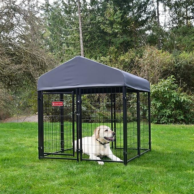 Lucky Dog Stay Series Studio Jr. Kennel – Premium Design, Waterproof and UPF 50+ Canopy Cover, All-Steel Frame, 4'W x 4'L x 4'4"H, Steel Grey