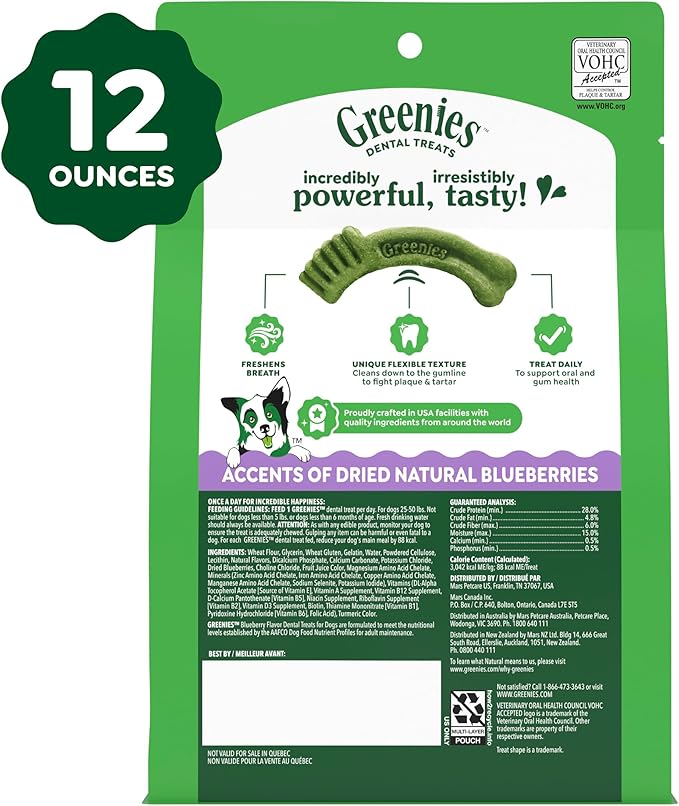 Greenies Veterinarian-Recommended Natural Dental Dog Treats, Dental Chews for Dogs, Regular Size, Blueberry Flavor, 12 oz. Pack, 12 Count