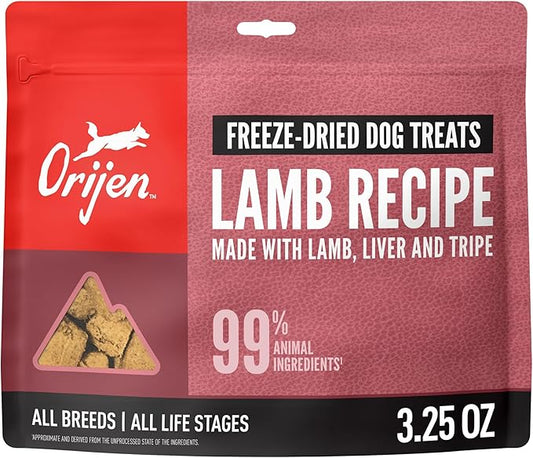 ORIJEN Grain Free High Protein Freeze Dried Dog Treats Grass Fed Lamb Recipe 3.25oz Bag
