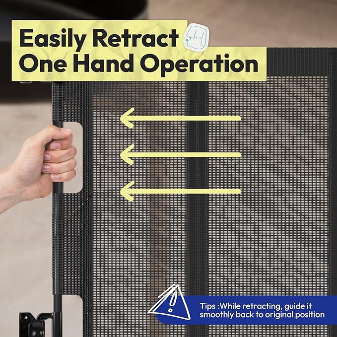 34" H Tall Mesh Dog Gate Extends Up to 120" W Retractable Pet Gate with Drill Installation, Preventing Crawling Through for Stairs, Doorways, Indoor & Outdoor (Black)